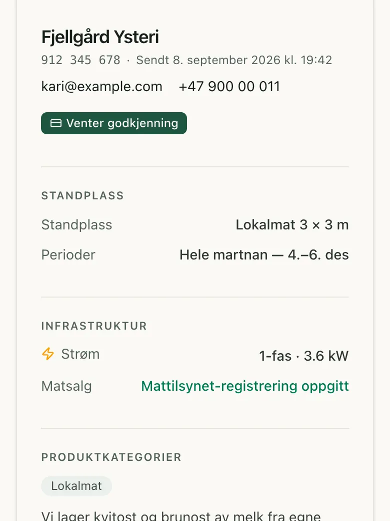 En åpnet søknad på telefon: Fjellgård Ysteri, merket Venter godkjenning, med standplass Lokalmat 3 × 3 m for hele martnan og strøm 1-fas 3,6 kW.